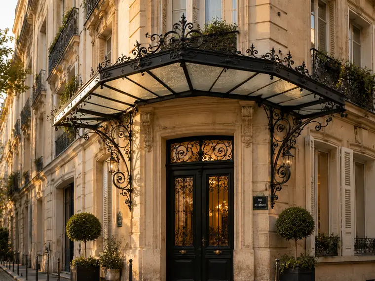 Corner door canopies in wrought iron