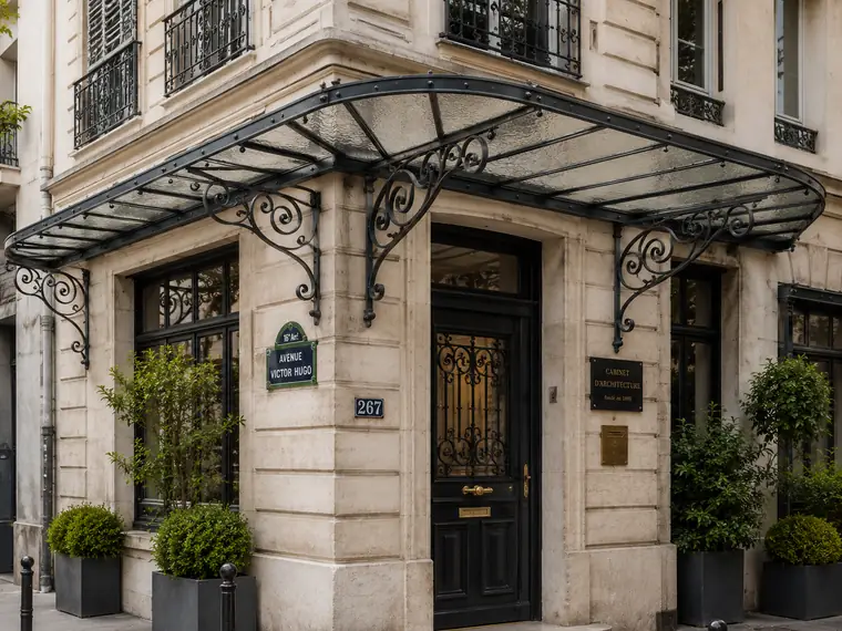 Corner canopy with return in made-to-measure wrought iron