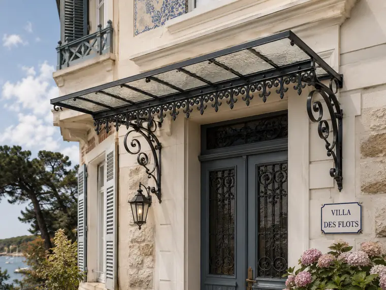 Flat canopy with valance in made-to-measure wrought iron