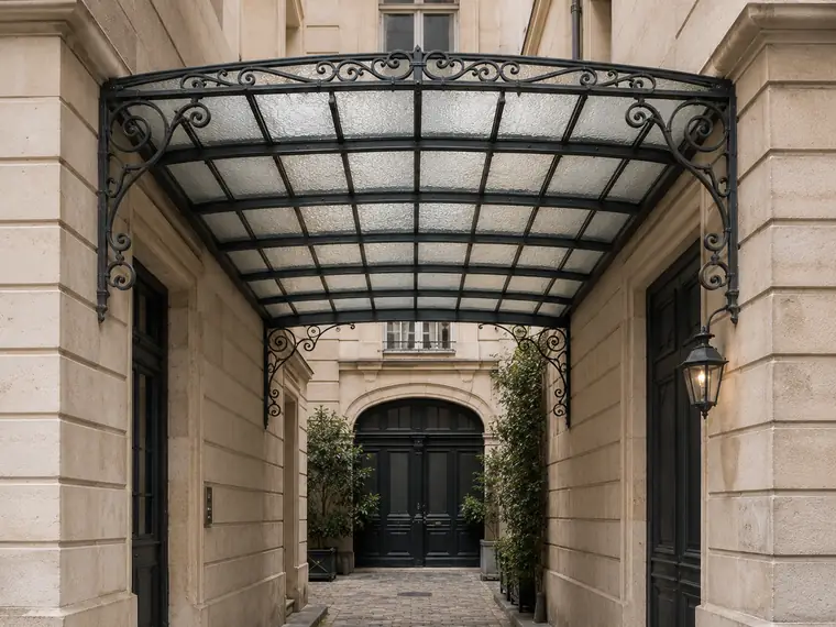 Glazed between-walls canopy in made-to-measure wrought iron